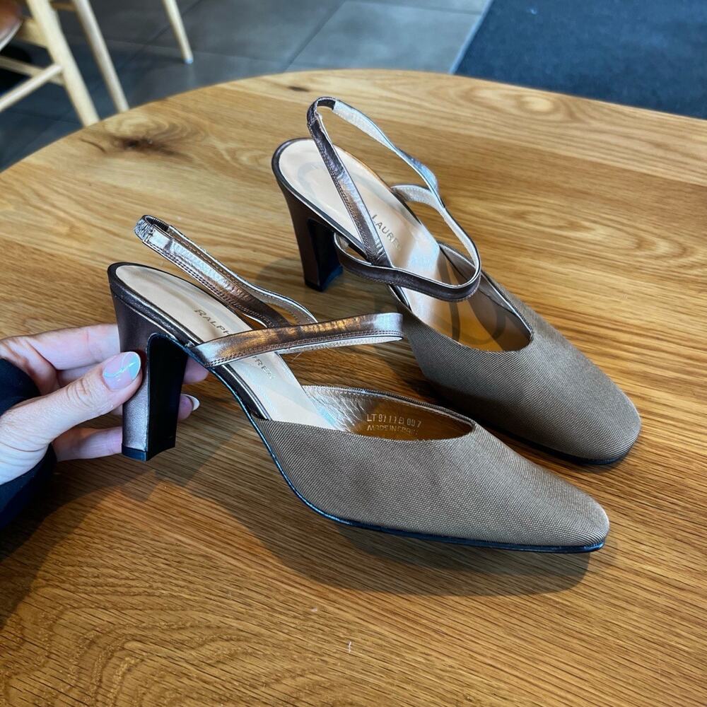 RALPH LAUREN Womens 8.5 Taupe Metallic Slingback Block Heel Vintage